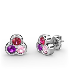 Mini Tria Küpe - Rodolit garnet, ametist ve pembe kuvars 8 ayar beyaz altın küpe #hr57xb
