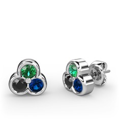 Mini Tria Küpe - Yeşil kuvars, siyah zirkon ve lab safir 14 ayar beyaz altın küpe #i44exm