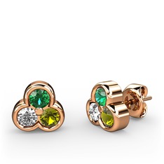 Mini Tria Küpe - Yeşil kuvars, pırlanta ve peridot 8 ayar rose altın küpe (0.22 karat) #i4i2ri