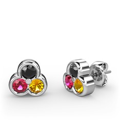Mini Tria Küpe - Siyah zirkon, rodolit garnet ve sitrin 18 ayar beyaz altın küpe #i6ijla