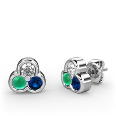 Mini Tria Küpe - Pırlanta, kök zümrüt ve lab safir 14 ayar beyaz altın küpe (0.22 karat) #i77xrr