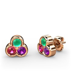Mini Tria Küpe - Kök zümrüt, rodolit garnet ve ametist 8 ayar rose altın küpe #i9urgg