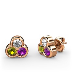 Mini Tria Küpe - Beyaz zirkon, peridot ve ametist 925 ayar rose altın kaplama gümüş küpe #icy9fa