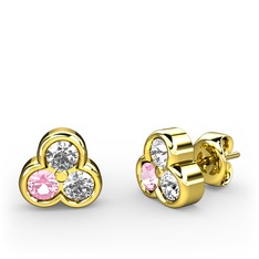 Mini Tria Küpe - Swarovski, pembe kuvars ve beyaz zirkon 8 ayar altın küpe #ifwc3k
