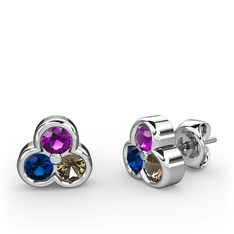 Mini Tria Küpe - Ametist, lab safir ve dumanlı kuvars 8 ayar beyaz altın küpe #igyp9l