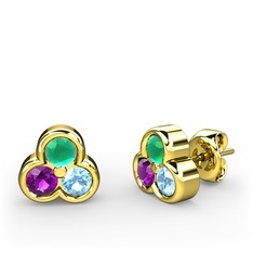 Mini Tria Küpe - Kök zümrüt, ametist ve akuamarin 925 ayar altın kaplama gümüş küpe #ihlh46