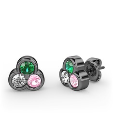Yeşil kuvars, beyaz zirkon ve pembe kuvars 925 ayar siyah rodyum kaplama gümüş küpe