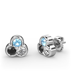 Akuamarin, siyah zirkon ve pırlanta 14 ayar beyaz altın küpe (0.22 karat)