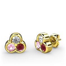 Swarovski, pembe kuvars ve kök yakut 18 ayar altın küpe