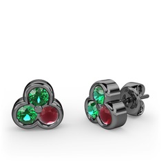 Mini Tria Küpe - Yeşil kuvars ve kök yakut 925 ayar siyah rodyum kaplama gümüş küpe #isy57m