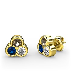 Mini Tria Küpe - Dumanlı kuvars, lab safir ve pırlanta 8 ayar altın küpe (0.22 karat) #iuxs7p