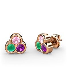 Mini Tria Küpe - Pembe kuvars, kök zümrüt ve ametist 925 ayar rose altın kaplama gümüş küpe #j4qiv4