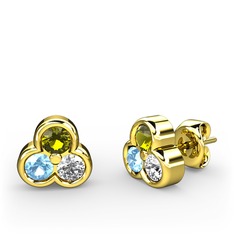 Mini Tria Küpe - Peridot, akuamarin ve swarovski 8 ayar altın küpe #j8762