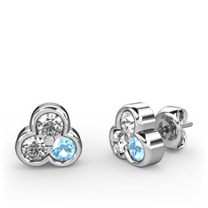 Mini Tria Küpe - Swarovski, pırlanta ve akuamarin 8 ayar beyaz altın küpe (0.22 karat) #j8rci