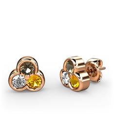 Mini Tria Küpe - Dumanlı kuvars, pırlanta ve sitrin 18 ayar rose altın küpe (0.22 karat) #jinlza
