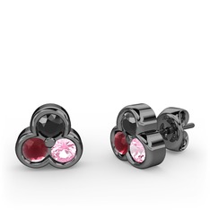 Mini Tria Küpe - Siyah zirkon, kök yakut ve pembe kuvars 925 ayar siyah rodyum kaplama gümüş küpe #jj9a8v