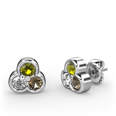 Peridot, pırlanta ve dumanlı kuvars 8 ayar beyaz altın küpe (0.22 karat)