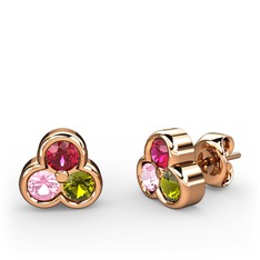 Mini Tria Küpe - Rodolit garnet, pembe kuvars ve peridot 18 ayar rose altın küpe #judq74