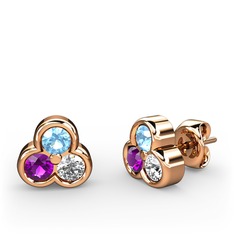 Mini Tria Küpe - Akuamarin, ametist ve swarovski 8 ayar rose altın küpe #juvnkh