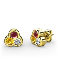 Mini Tria Küpe - Kök yakut, sitrin ve pırlanta 14 ayar altın küpe (0.22 karat) #k3yffn