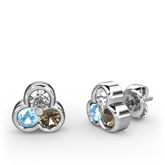 Pırlanta, akuamarin ve dumanlı kuvars 925 ayar gümüş küpe (0.22 karat)