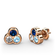 Mini Tria Küpe - Lab safir, pırlanta ve akuamarin 18 ayar rose altın küpe (0.22 karat) #k6b772