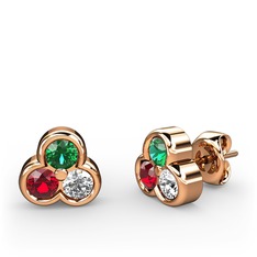 Mini Tria Küpe - Yeşil kuvars, garnet ve pırlanta 14 ayar rose altın küpe (0.22 karat) #kb2usa