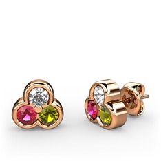 Mini Tria Küpe - Pırlanta, rodolit garnet ve peridot 8 ayar rose altın küpe (0.22 karat) #kneqsg