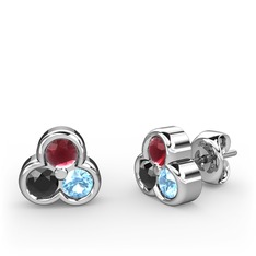 Mini Tria Küpe - Kök yakut, siyah zirkon ve akuamarin 14 ayar beyaz altın küpe #lfgdgc