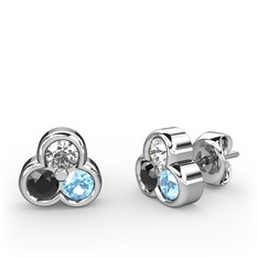 Mini Tria Küpe - Swarovski, siyah zirkon ve akuamarin 8 ayar beyaz altın küpe #libenk