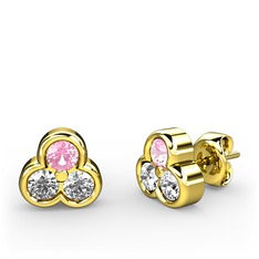 Pembe kuvars, pırlanta ve swarovski 8 ayar altın küpe (0.22 karat)