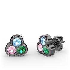 Mini Tria Küpe - Akuamarin, pembe kuvars ve yeşil kuvars 925 ayar siyah rodyum kaplama gümüş küpe #lox7pj