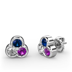 Lab safir, swarovski ve ametist 8 ayar beyaz altın küpe