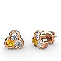 Mini Tria Küpe - Pırlanta, sitrin ve beyaz zirkon 18 ayar rose altın küpe (0.22 karat) #m17di2