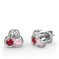 Pırlanta, garnet ve pembe kuvars 14 ayar beyaz altın küpe (0.22 karat)