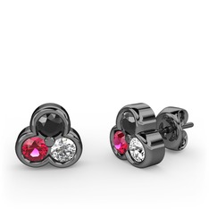 Mini Tria Küpe - Siyah zirkon, rodolit garnet ve pırlanta 925 ayar siyah rodyum kaplama gümüş küpe (0.22 karat) #mbgm98