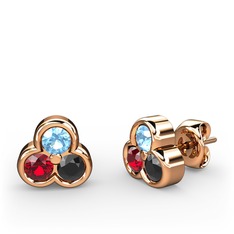 Mini Tria Küpe - Akuamarin, garnet ve siyah zirkon 18 ayar rose altın küpe #mcg268
