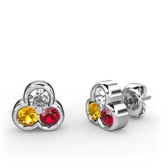 Mini Tria Küpe - Pırlanta, sitrin ve garnet 8 ayar beyaz altın küpe (0.22 karat) #mewzpo