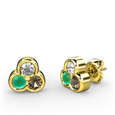 Mini Tria Küpe - Pırlanta, kök zümrüt ve dumanlı kuvars 925 ayar altın kaplama gümüş küpe (0.22 karat) #mhezch