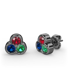 Mini Tria Küpe - Garnet, lab safir ve yeşil kuvars 925 ayar siyah rodyum kaplama gümüş küpe #mjrvjy