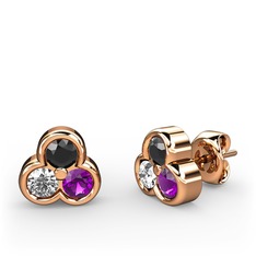 Mini Tria Küpe - Siyah zirkon, beyaz zirkon ve ametist 18 ayar rose altın küpe #mtdqyq