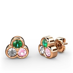 Mini Tria Küpe - Yeşil kuvars, pırlanta ve pembe kuvars 18 ayar rose altın küpe (0.22 karat) #mvkquk