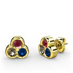 Mini Tria Küpe - Kök yakut, dumanlı kuvars ve lab safir 18 ayar altın küpe #mx1knz