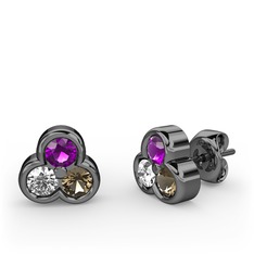 Ametist, beyaz zirkon ve dumanlı kuvars 925 ayar siyah rodyum kaplama gümüş küpe