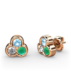 Mini Tria Küpe - Akuamarin, pırlanta ve kök zümrüt 8 ayar rose altın küpe (0.22 karat) #mzwyex