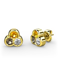 Mini Tria Küpe - Sitrin, dumanlı kuvars ve pırlanta 14 ayar altın küpe (0.22 karat) #n03tmw