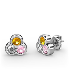 Sitrin, swarovski ve pembe kuvars 18 ayar beyaz altın küpe
