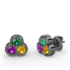 Mini Tria Küpe - Yeşil kuvars, ametist ve sitrin 925 ayar siyah rodyum kaplama gümüş küpe #n3hv73