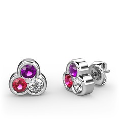 Mini Tria Küpe - Ametist, rodolit garnet ve pırlanta 925 ayar gümüş küpe (0.22 karat) #n96tjj