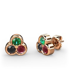 Mini Tria Küpe - Yeşil kuvars, siyah zirkon ve kök yakut 8 ayar rose altın küpe #nl8w0h